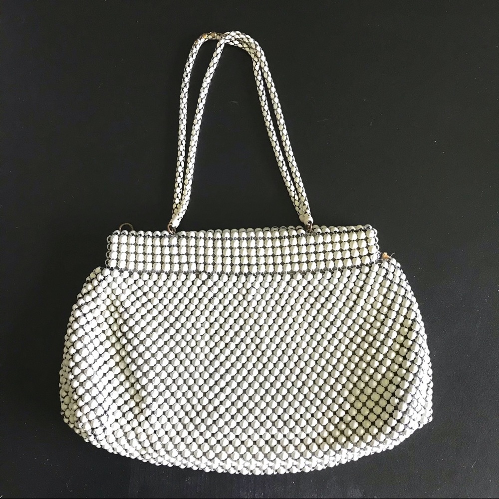Whiting & Davis Cream Metal Mesh Purse- metal handles, dark handle, vintage